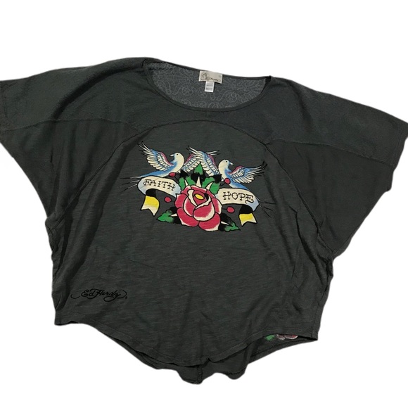 Ed Hardy Tops - FLAWED - NWOT Ed Hardy Gray FAITH & HOPE With Birds & Rose T-Shirt Blouse